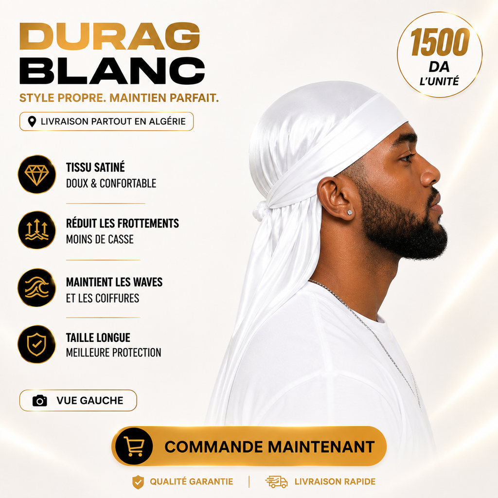 Durag satin blanc - vue gauche