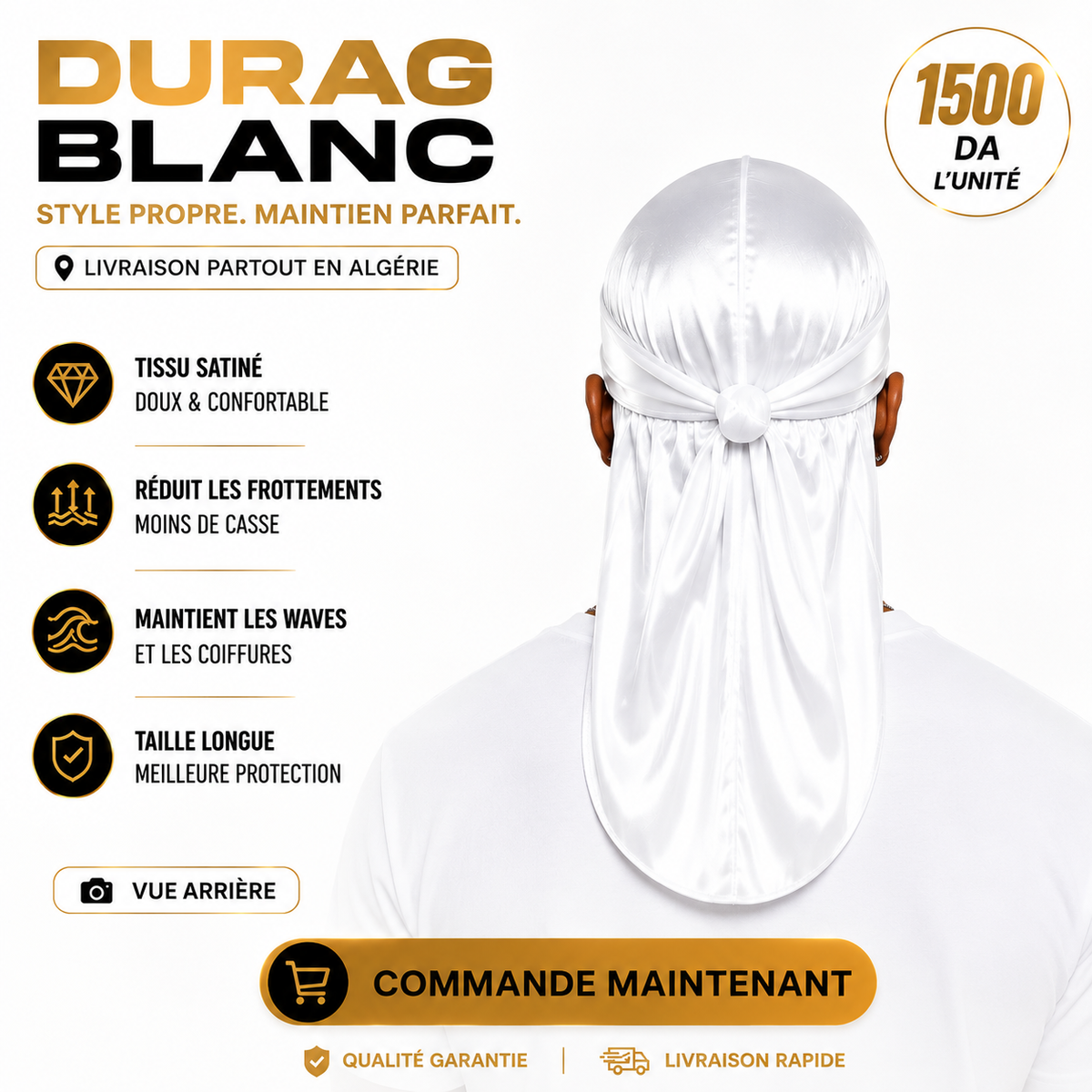 Durag satin blanc - vue arriere