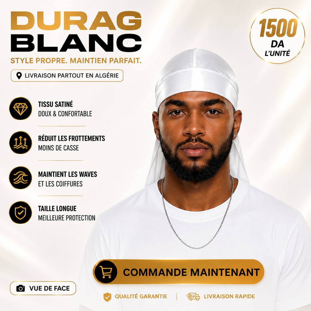Durag satin blanc - vue de face