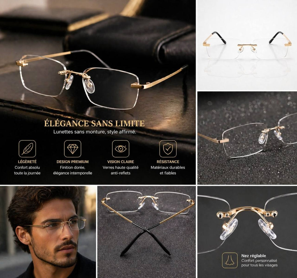 Lunettes Sans Monture Élégance Dorée – Ultra Légères & Premium  ⸻