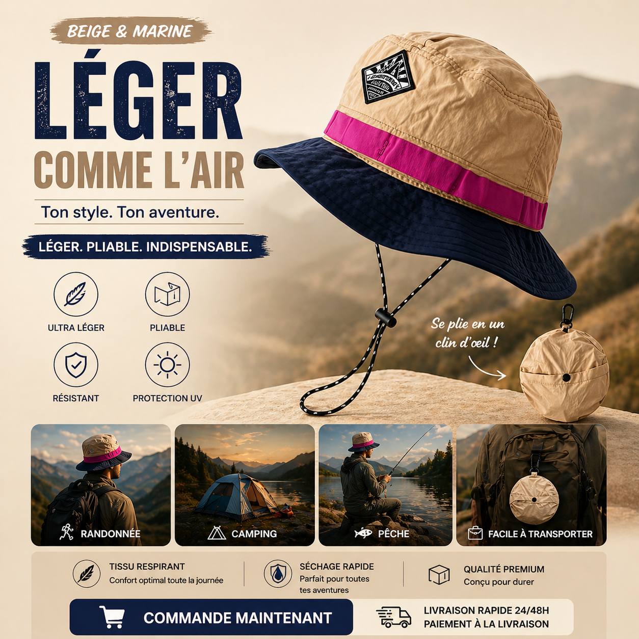 CHAPEAU OUTDOOR 3 EN 1 – LÉGER, PLIABLE & PROTECTION UV